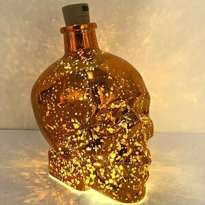 Skull Light-Up Orange Crackled Glass - Day of the Dead Glitter Halloween Decorat